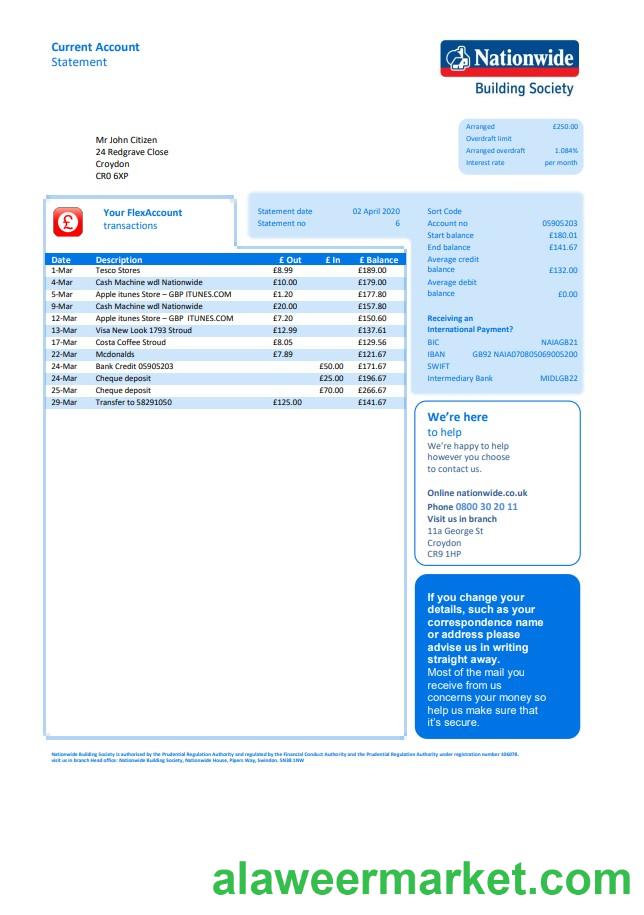UK Nationwide utility bill template in Word and PDF format